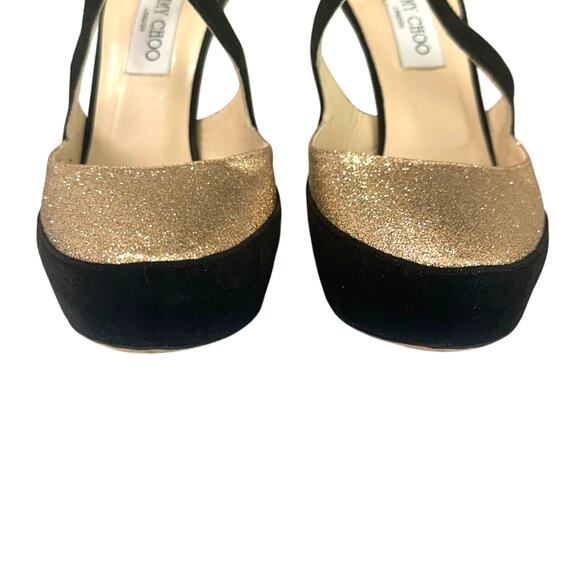 Jimmy Choo Black Suede & Gold Glitter Platform Pumps IT 39.5 US 9.5 - Picture 9 of 10
